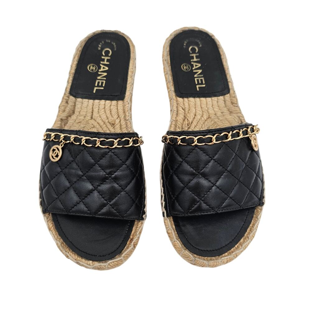 Chanel CC Chain Flat Slide Espadrille Sandal Black Quilted Leather Size 37 6 6.5 - Picture 2 of 11